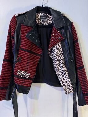 GUESS Red & Black Houndstooth Leather-Trim Jacket with Leopard Print Lining